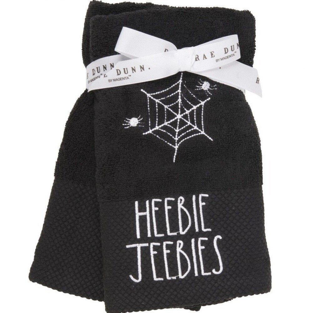 Rae Dunn “Heebie Jeebies” Black Spider Web Halloween Hand Towels Set of 2